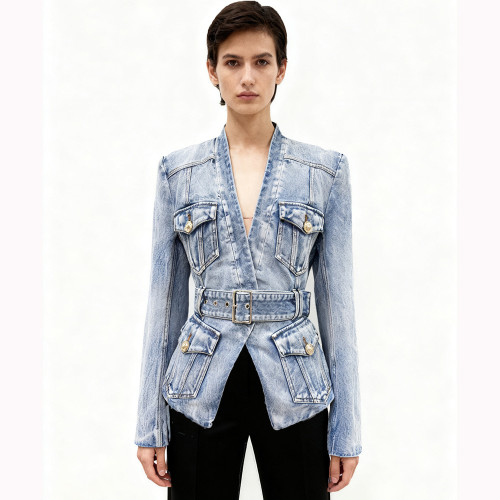 Fashion Multi-pocket Denim Blazer Women's V-neck Slim Sashes Long Sleeves Suit Jacket Autumn New 7A1589