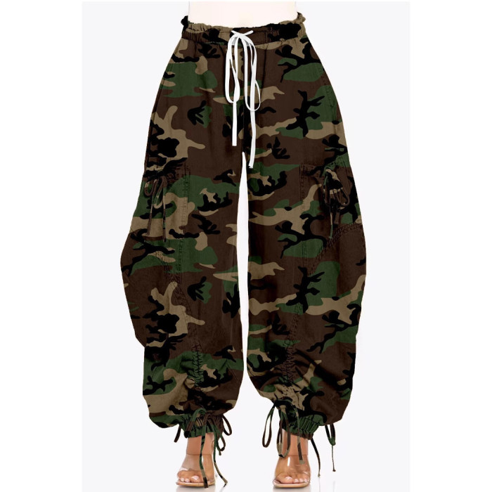 Camouflage printed stretch waist bag pants with wide legs and elasticated ankles harem pants long pants  DLZMC0309S