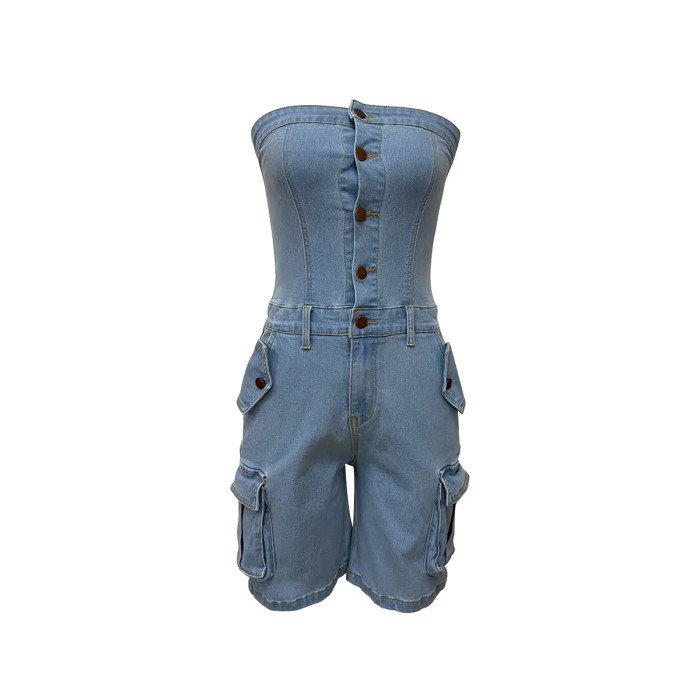 Strapless cardigan with large button pocket and denim one-piece shorts  DLZ243705S
