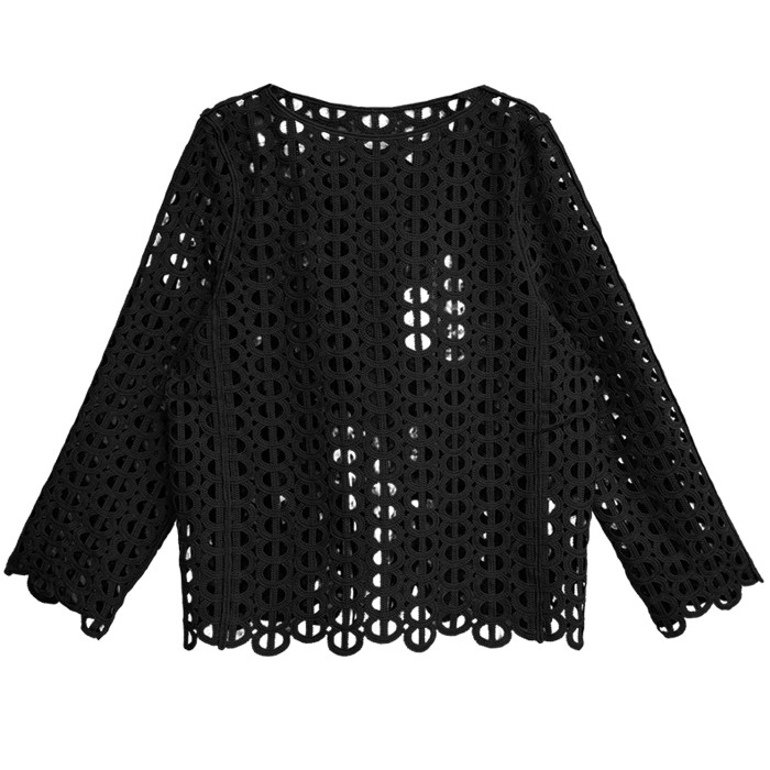 Women Coffee Hollow Out Big Size Casual T-shirt New Round Neck Long Sleeve Fashion Tide Spring Autumn  1DJ5735