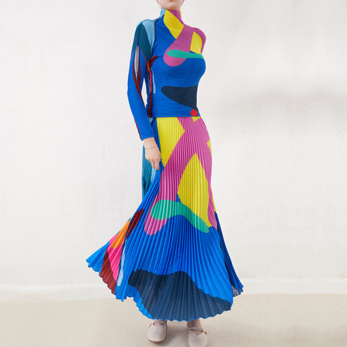 Miyake Pleated Women's Fashion 2-Piece Set Long Sleeve Stretch Pleated Top and Printed Pleated Skirt  DLZTZ0308