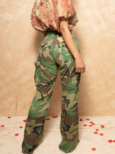 Casual camouflage print multi-pocket street fashion workwear straight-leg trousers  DLZMC5309S