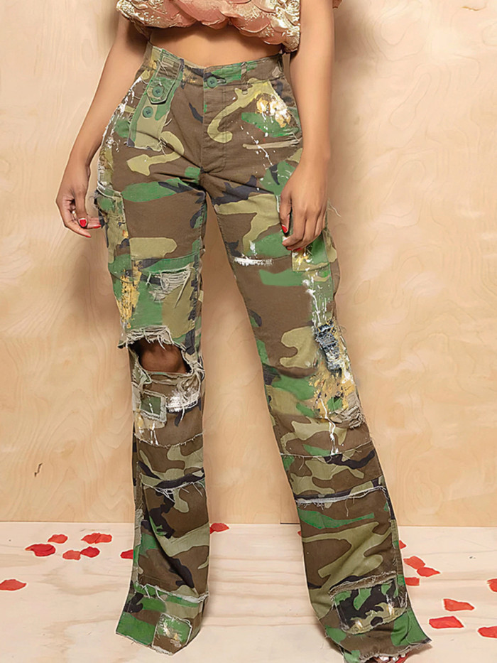 Casual camouflage print multi-pocket street fashion workwear straight-leg trousers  DLZMC5309S