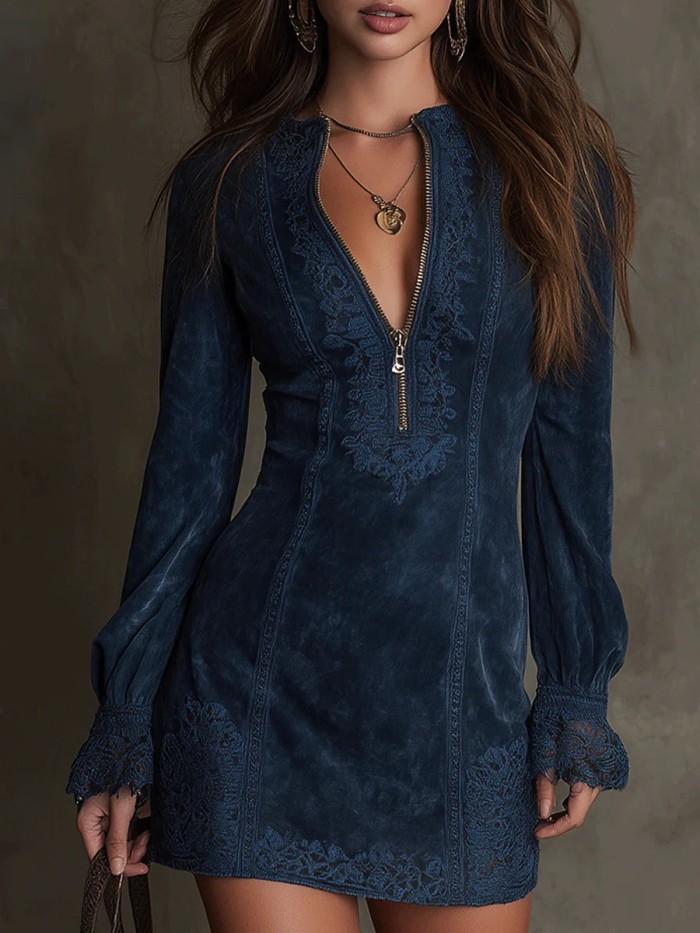 Zippered lace patchwork V-neck long-sleeved loose-fitting绣ed dress DLZQ1705S