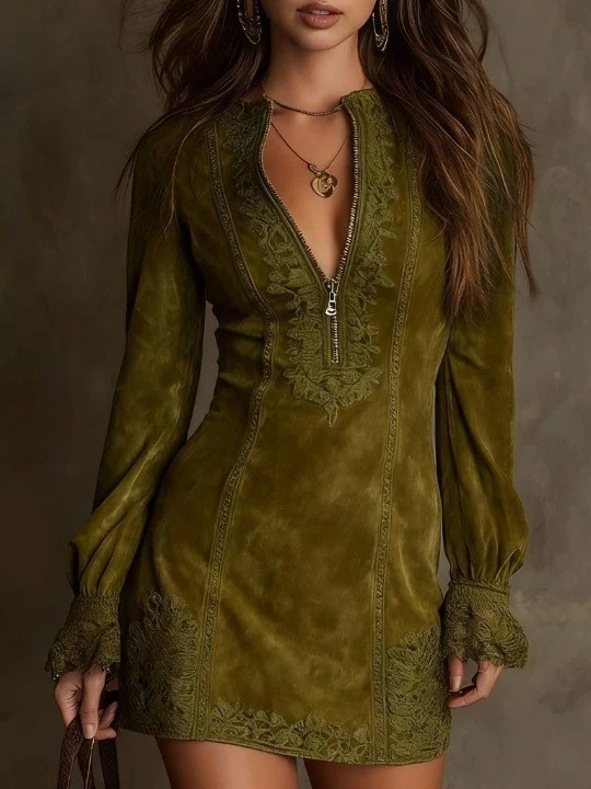 Zippered lace patchwork V-neck long-sleeved loose-fitting绣ed dress DLZQ1705S