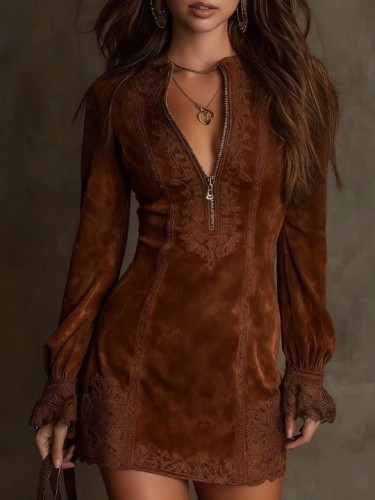 Zippered lace patchwork V-neck long-sleeved loose-fitting绣ed dress DLZQ1705S