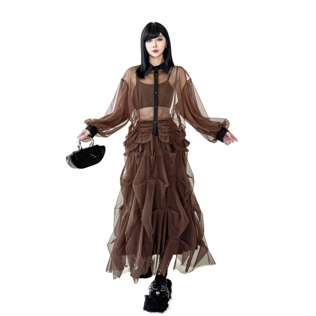 Brown Mesh Big Size Shirt Plaeted Skirt Two Pieces Suit New Lapel Long Sleeve Women Fashion Tide Spring Autumn  DLZTZ621216