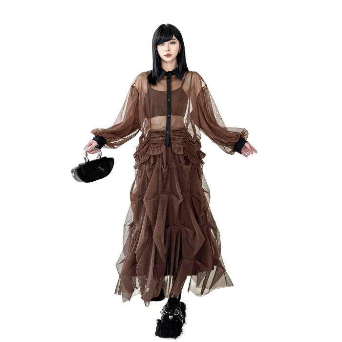 Brown Mesh Big Size Shirt Plaeted Skirt Two Pieces Suit New Lapel Long Sleeve Women Fashion Tide Spring Autumn  DLZTZ621216