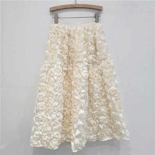 Women's Skirt Elastic Waist A-line 3d Rose Flowers Design Pleated Elegant Long Skirts 2026 New Fashion Spring 33A1846
