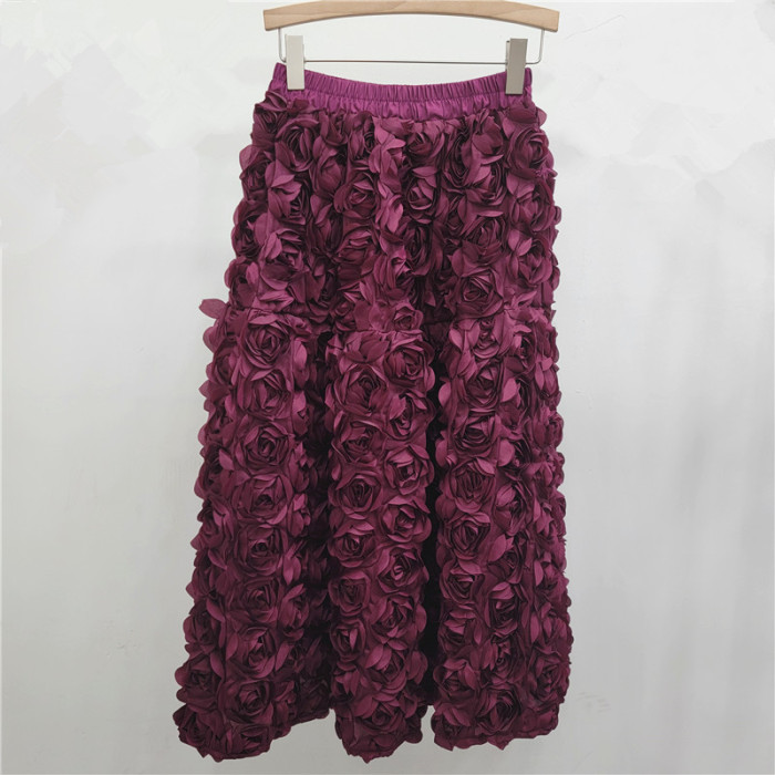 Women's Skirt Elastic Waist A-line 3d Rose Flowers Design Pleated Elegant Long Skirts 2026 New Fashion Spring 33A1846