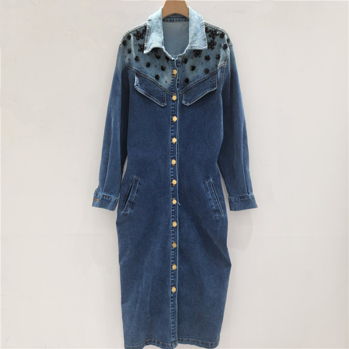 Patched flower single-row buttoned blouse dress with design sense, elastic waist, slimming effect, denim long dress  DLZQ93105