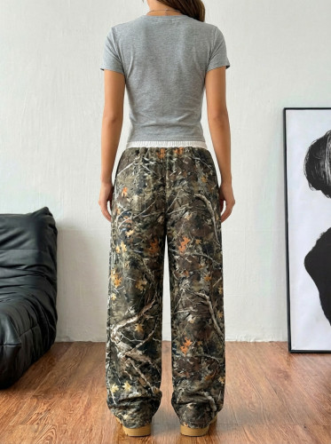 New Fashion Casual Camouflage Print Elastic Waist Wide Leg Pants for Teenagers Long Draping Trousers Slimming Effect   DLZ391406