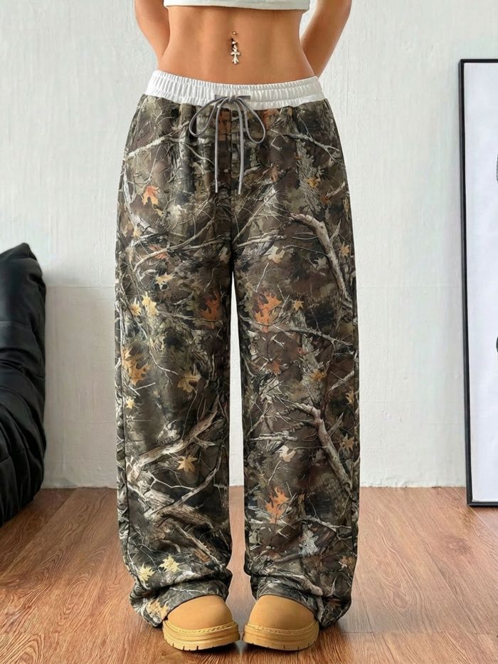 New Fashion Casual Camouflage Print Elastic Waist Wide Leg Pants for Teenagers Long Draping Trousers Slimming Effect   DLZ391406