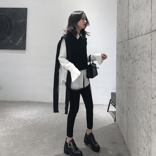 Loose short style Korean version of unlined sleeveless sweater with drawstring fastening, stylish and fashionable woolen pullover DLZMJ3101