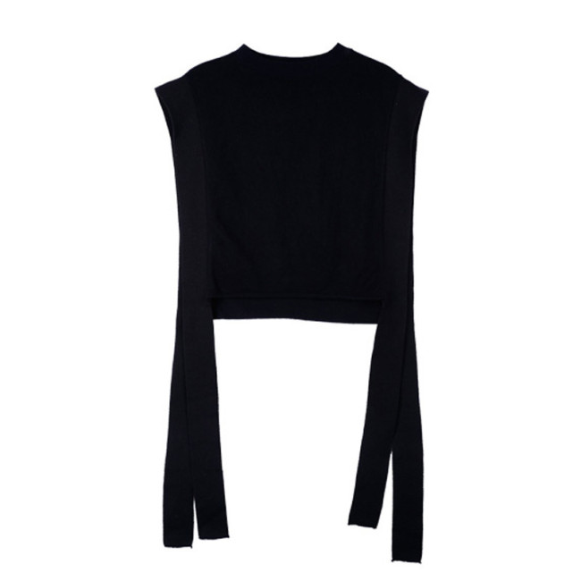 Loose short style Korean version of unlined sleeveless sweater with drawstring fastening, stylish and fashionable woolen pullover DLZMJ3101