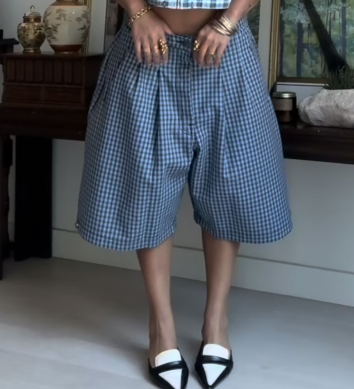 Blue casual checkered workwear style loose wide-leg pantsBlue casual checkered workwear style loose wide-leg pants DLZK01505