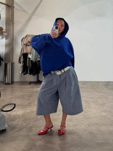 Blue casual checkered workwear style loose wide-leg pantsBlue casual checkered workwear style loose wide-leg pants DLZK01505