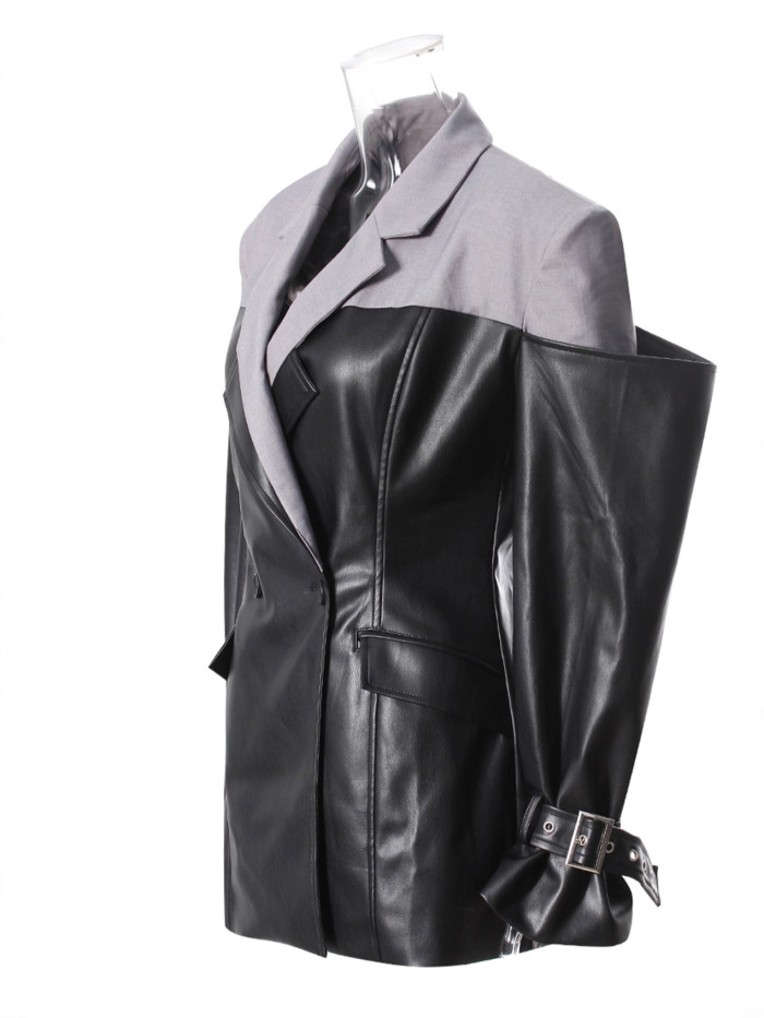 Fashion PU Leather Patchwork Blazer Women's Lapel Slim Double Breasted Long Sleeves Suit Jacket Autumn New 7A1518