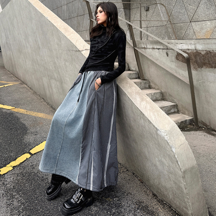 New style high-waisted drawstring loose-fitting figure-hugging long dress with plaid patchwork denim half-length skirt DLZqz0309 