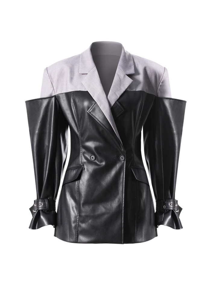 Fashion PU Leather Patchwork Blazer Women's Lapel Slim Double Breasted Long Sleeves Suit Jacket Autumn New 7A1518
