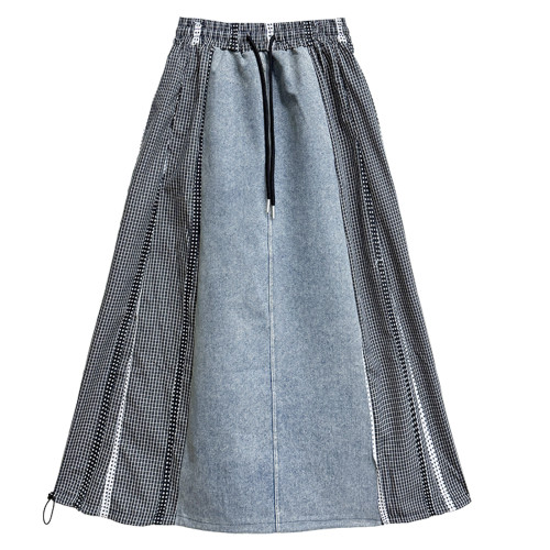 New style high-waisted drawstring loose-fitting figure-hugging long dress with plaid patchwork denim half-length skirt DLZqz0309 