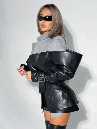 Fashion PU Leather Patchwork Blazer Women's Lapel Slim Double Breasted Long Sleeves Suit Jacket Autumn New 7A1518