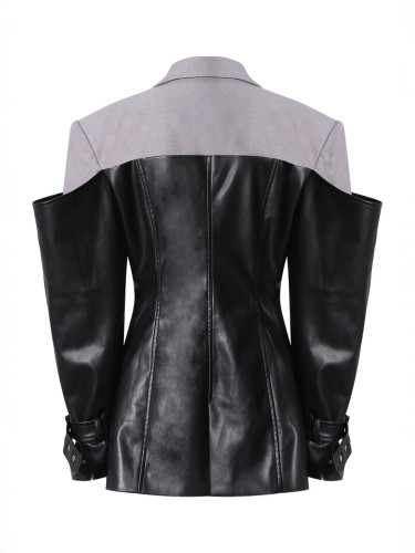 Fashion PU Leather Patchwork Blazer Women's Lapel Slim Double Breasted Long Sleeves Suit Jacket Autumn New 7A1518