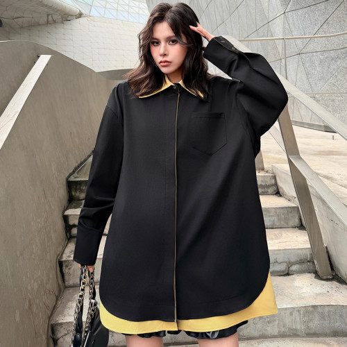 Vintage contrast-color button-down collar shirt - large size, loose and long style, laid-back look, slimming effect, paired with a matching undershirt  DLZcs301