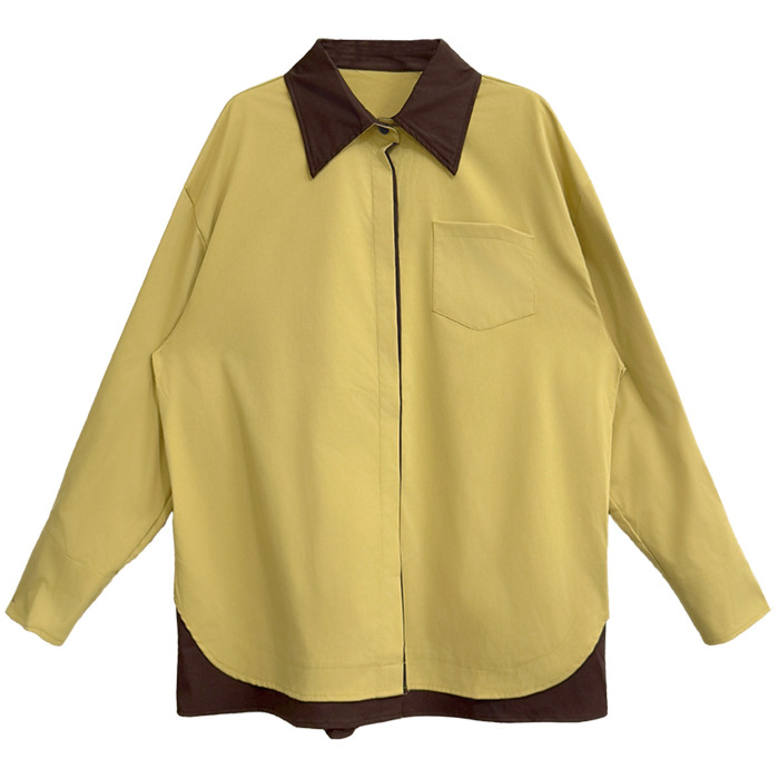 Vintage contrast-color button-down collar shirt - large size, loose and long style, laid-back look, slimming effect, paired with a matching undershirt  DLZcs301