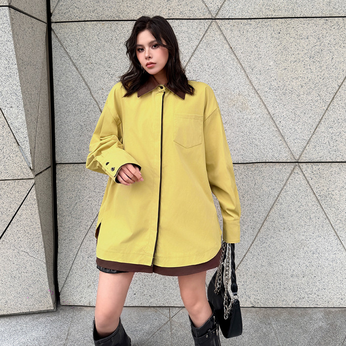 Vintage contrast-color button-down collar shirt - large size, loose and long style, laid-back look, slimming effect, paired with a matching undershirt  DLZcs301