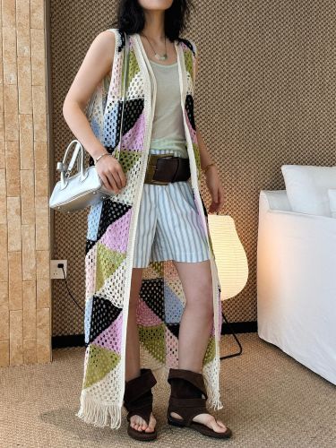 Women Yellow Knitting Hollow Out Tassels Long Holiday Vest New V-collar Sleeveless Fashion Tide Spring Autumn  1DJ6346