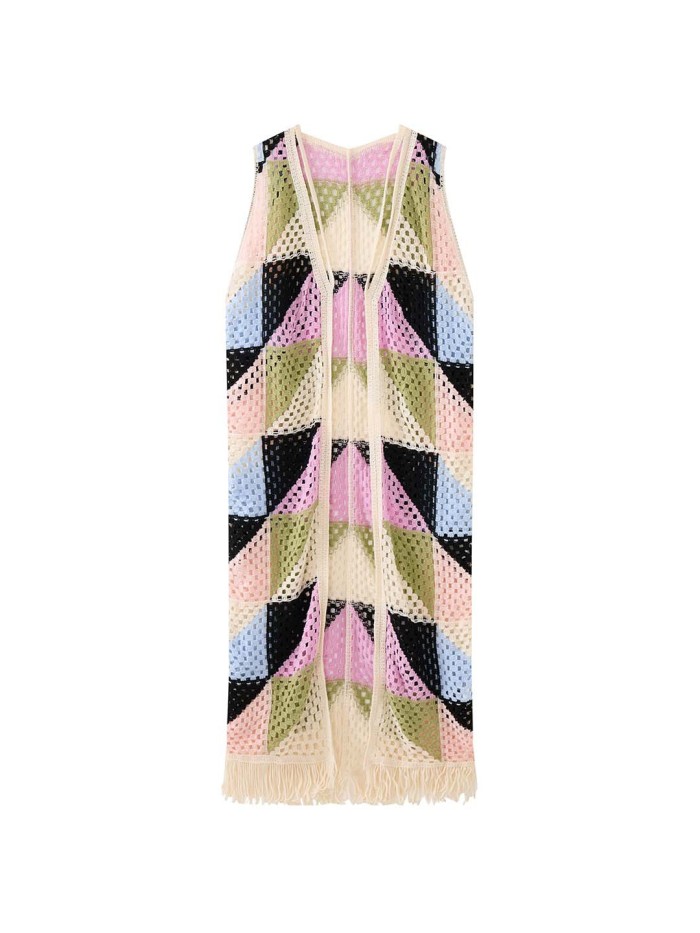 Women Yellow Knitting Hollow Out Tassels Long Holiday Vest New V-collar Sleeveless Fashion Tide Spring Autumn  1DJ6346