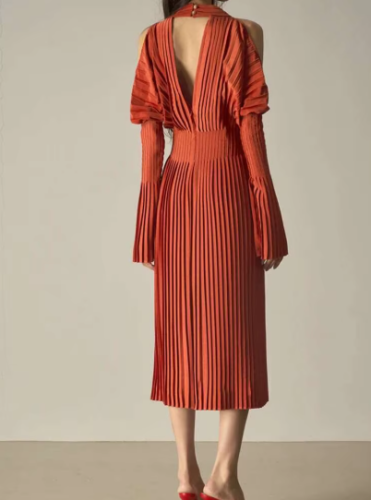 Elegant Pleated Dress Hanging Neck Off Shoulder High Waist Slim Waist Flare Sleeves Mid Length Party Clothing 2R9811