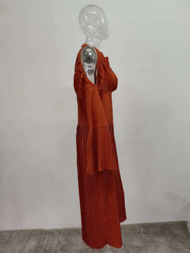 Elegant Pleated Dress Hanging Neck Off Shoulder High Waist Slim Waist Flare Sleeves Mid Length Party Clothing 2R9811