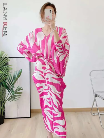 Maxi Pleated Dress For Women V Neck Batwing Sleeves Printing Loose Dresses Female Elegant Clothing  Autumn 2M538