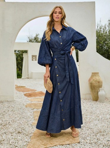 Jeans butterfly decorative tie-front long-sleeved dress DLZQL4405