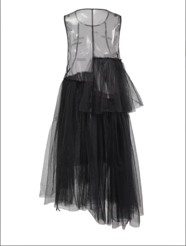 Women Black Irregular Ruffles Mesh Elegant Perspective Dress New Round Neck Sleeveless Fashion Spring Summer  CPDB108