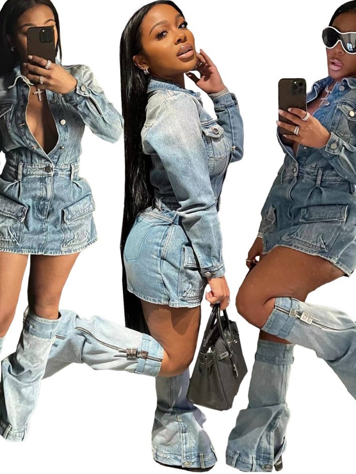 Sexy multi-pocket washed denim dress  DLZ50105