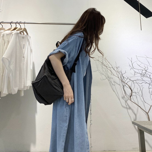 Slimming long-length washed denim short-sleeved dress  DLZNZ10805