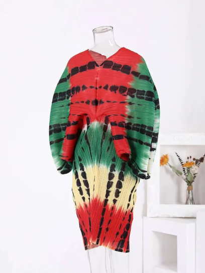 Fashion Contrast Color Print Pleated Dress Women V Neck Batwing Sleeves Mid Length Dresses  Spring New 2AA2607