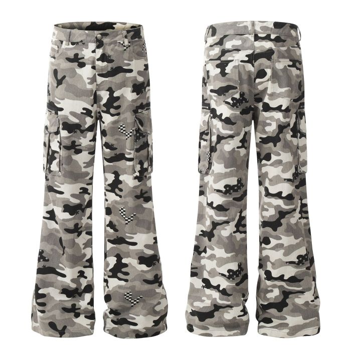 American-style retro workwear camouflage pants - cross-border trendy brand, loose and fringed casual camouflage workwear pants (without belt)  DLZMN1809