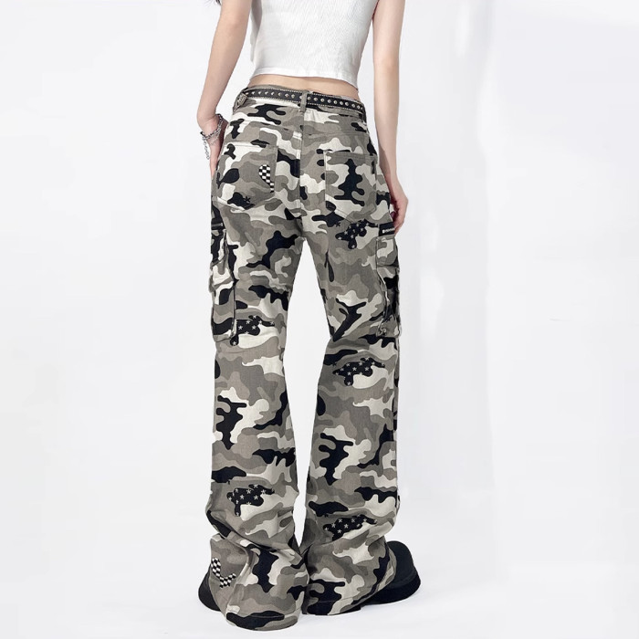 American-style retro workwear camouflage pants - cross-border trendy brand, loose and fringed casual camouflage workwear pants (without belt)  DLZMN1809