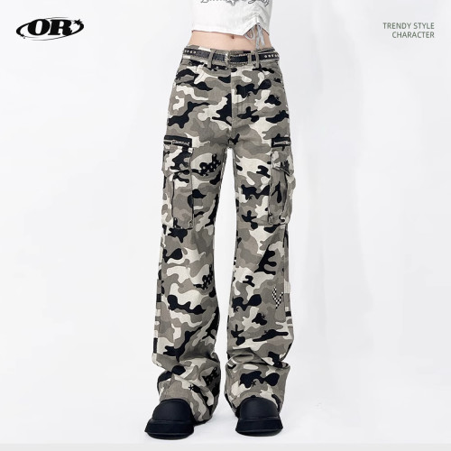 American-style retro workwear camouflage pants - cross-border trendy brand, loose and fringed casual camouflage workwear pants (without belt)  DLZMN1809