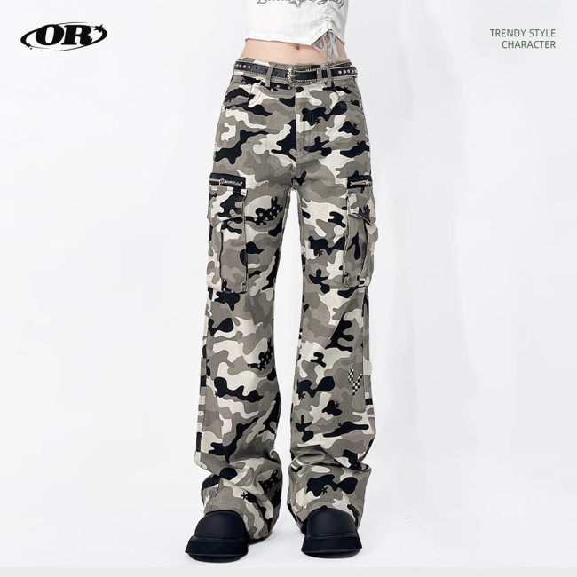American-style retro workwear camouflage pants - cross-border trendy brand, loose and fringed casual camouflage workwear pants (without belt)  DLZMN1809