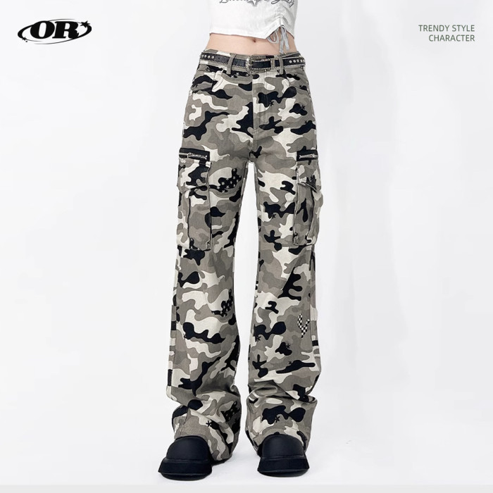 American-style retro workwear camouflage pants - cross-border trendy brand, loose and fringed casual camouflage workwear pants (without belt)  DLZMN1809