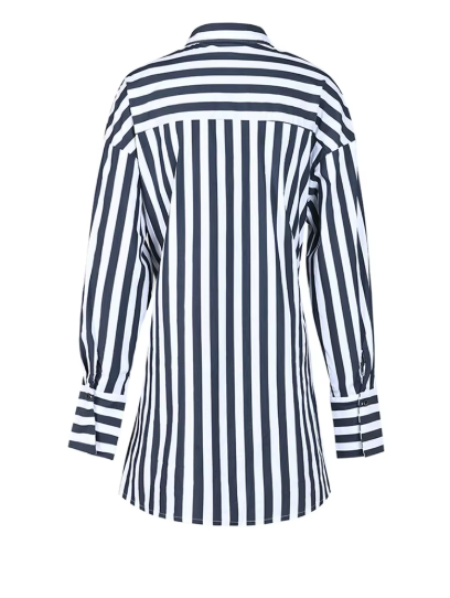  Women Blue Striped Irregular Big Size Blouse New Lapel Long Sleeve Loose Fit Shirt Fashion Tide Spring Autumn  CP2010