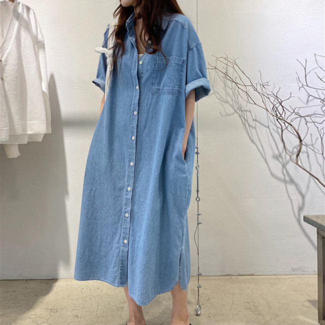 Slimming long-length washed denim short-sleeved dress  DLZNZ10805