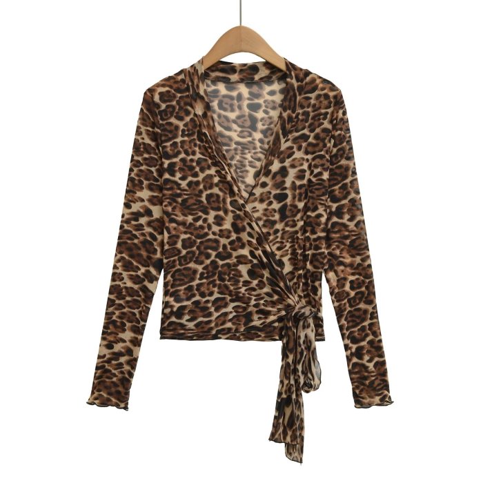 Leopard print V-neck netted strap long-sleeved T-shirt  DLZBW13409