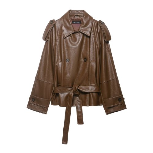 New brown fitted belted faux PU leather jacket  DLZPY4604