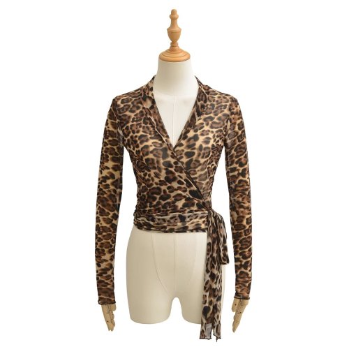Leopard print V-neck netted strap long-sleeved T-shirt  DLZBW13409